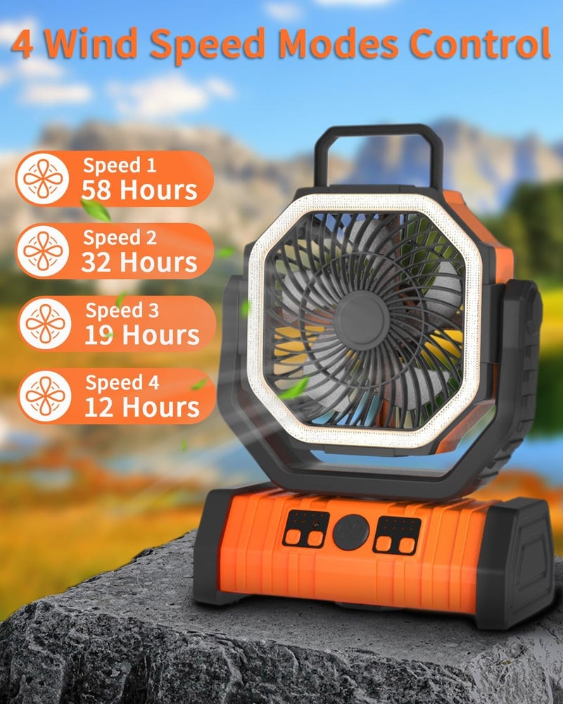 Adust Camping Fan - 20000mAh Battery Powered Fan Battery Operated Rechargeable Portable Outdoor Tent Fans with Hanging Hook, Cordless, 4 Speeds, Remote Control - Orange - Image 3